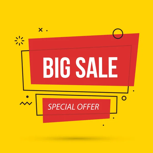 Big sale banner template in colorful memphis style on bright yellow background — Stock Vector