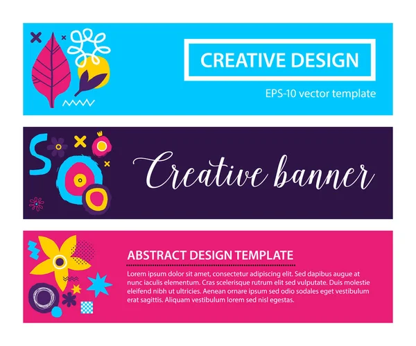 Set of three horizontal banners with abstract hand drawn elements. Useful for advertising and graphic design. Vector Graphics