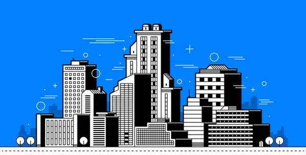 Ilustración moderna de ciudad. Torres y edificios en estilo de contorno sobre fondo azul — Vector de stock