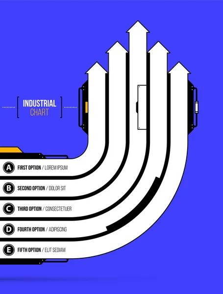 Gráfico vectorial. Cinco flechas redondas direccionales en estilo industrial / tecno geométrico sobre fondo azul profundo — Archivo Imágenes Vectoriales