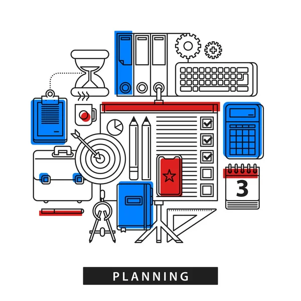 Anahat düz tarzında beyaz arka plan üzerinde planlama hakkında Modern illüstrasyon. Rasgele office araçları kümesi — Stok Vektör