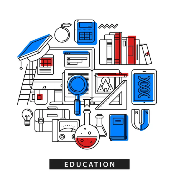 Moderne Illustration über Bildung in flachem Umriss auf weißem Hintergrund. Lehrbücher, Bürowerkzeuge, zufällige wissenschaftliche Sachen — Stockvektor