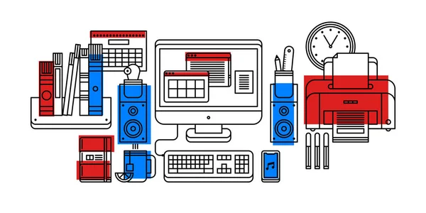 Ferramentas de escritório modernas em estilo plano esboço no fundo branco. Computador desktop, estante, calendário, impressora, relógio, etc. . — Vetor de Stock