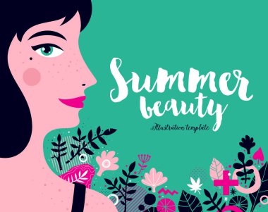 Modern illüstrasyon şablon güzel genç kız ve soyut çiçek öğeleri.