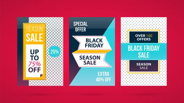 Drie verticale Black Friday banners/affiches in moderne vlakke stijl op levendige rode achtergrond — Stockvector