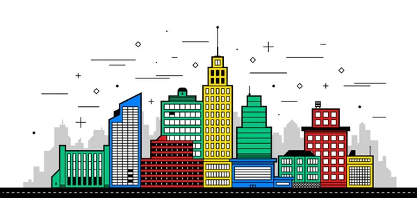 Ilustracja nowoczesnego miasta. Wieże i budynków w stylu kolorowy kontur na białym tle — Wektor stockowy