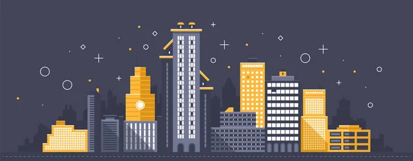 Ilustración de ciudad. Torres y edificios de estilo moderno y plano sobre fondo oscuro — Vector de stock