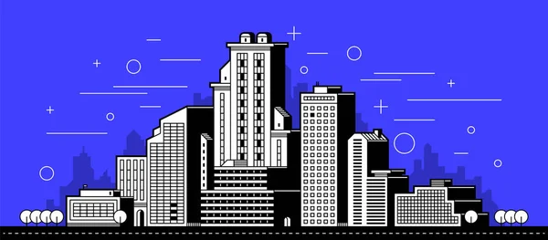 Illustration de ville moderne. Tours et bâtiments en style contour sur fond bleu profond — Image vectorielle