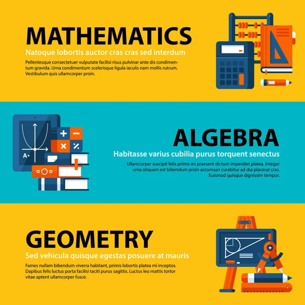 Set dari tiga web banner tentang pendidikan dan mata pelajaran perguruan tinggi dalam gaya ilustrasi datar pada latar belakang berwarna-warni. Matematika, aljabar dan geometri . - Stok Vektor