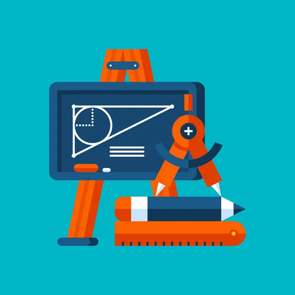Ilustração colorida sobre geometria em estilo plano moderno. Ícone de assunto da faculdade sobre fundo ciano. Lápis, régua, divisor, giz . — Vetor de Stock
