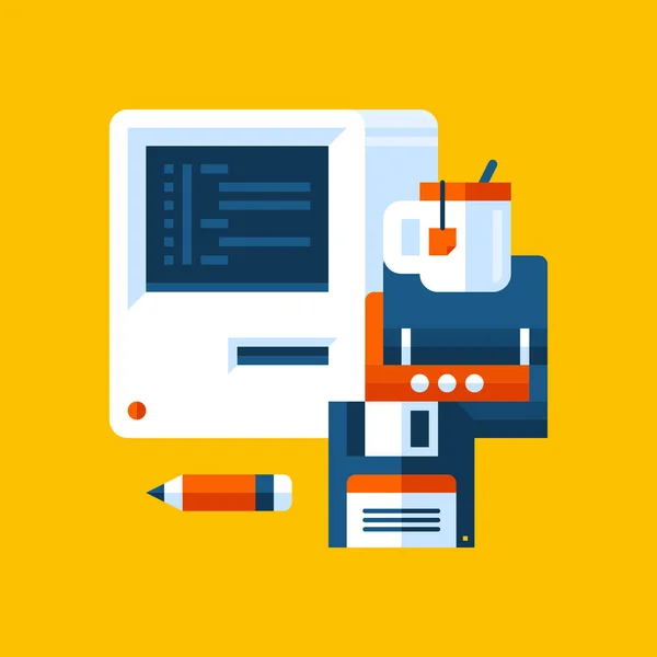 Färgglada illustration om datavetenskap och programmering i modern platt stil. College ämne ikonen på gul bakgrund. Vintage dator, diskett, böcker. — Stock vektor