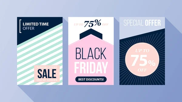 Three vertical Black Friday banners/posters with soft colors in flat style on blue background Royalty Free Stock Illustrations