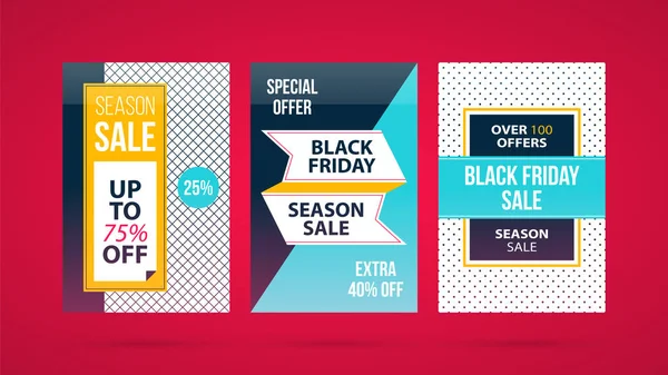 Three vertical Black Friday banners/posters in modern flat style on vibrant red background Stock Vector