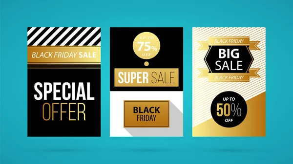 Three vertical Black Friday banners/posters in golden style on turquoise background Vector Graphics