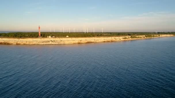 Aerial Shot Old Lighthouse Park Wind Generators Peninsula Summer Sunset — Stock Video