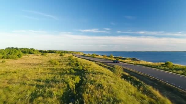 Vista Aérea Del Coche Negro Que Conduce Carretera Largo Del — Vídeos de Stock