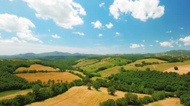 Luchtfoto Van Agrarische Velden Door Zomer Bewolkte Dag Italië Toscane — Stockvideo