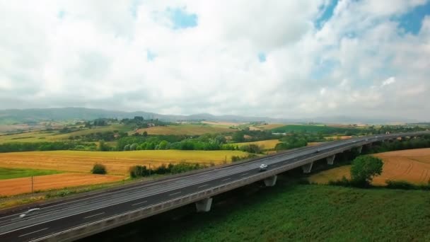 Letecký Pohled Řízení Motorových Vozidel Dálnice Mezi Žlutou Zelenou Trávu — Stock video