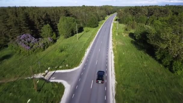 Flygfoto Över Två Körfält Skogsväg Med Svart Bil Som Flyttar — Stockvideo