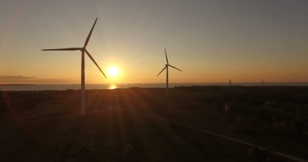 Aerial View Wind Generators Evening Sky Field Wind Generators Rotate — Stock Video