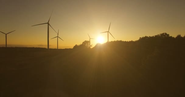 空中的风力发电机的看法在傍晚的天空上的领域 风力发电机旋转叶片和萃取电 — 图库视频影像