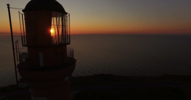 Working Old Lighthouse Sunset Background Sea Summer Aerial Flying Drone — Stock Video