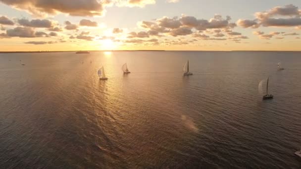 Widok Lotu Ptaka Jachty Motorowe Morza Pięknym Widokiem Zachód Słońca — Wideo stockowe