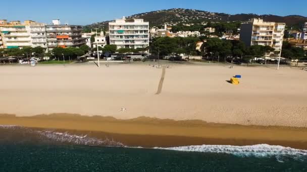 Aerial Top View Yellow Sandy Beach People Coast Spain Catalonia — Stock Video