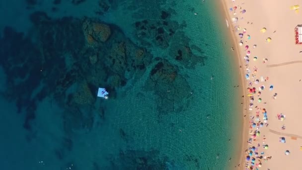 在西班牙 加泰罗尼亚 人们在著名的白色海滩上晒日光浴和游泳的空中俯视图 — 图库视频影像