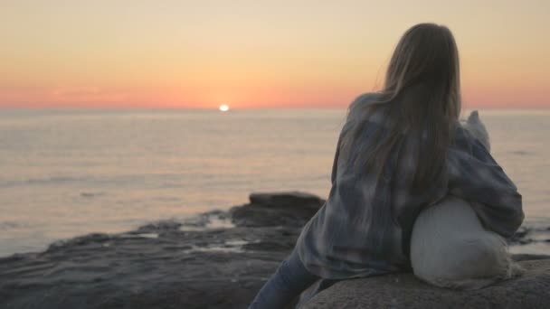 犬との悲しい少女は海の海岸の石の上に座って 夕日を見てします スローモーション — ストック動画