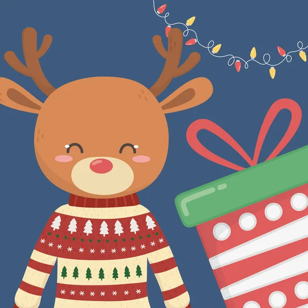 Festa di Natale allegro renna carino con regalo maglione e luci — Vettoriale Stock
