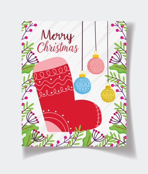 Medias bolas decoración follaje celebración feliz Navidad cartel — Vector de stock