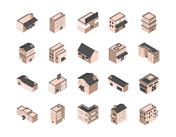 Zbiór ikon stylu izometrycznego budynku — Wektor stockowy