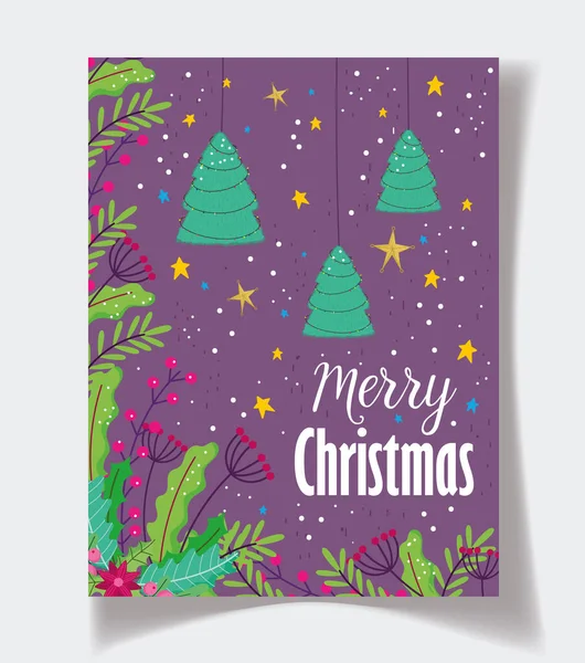 Pendurado árvores flor folhagem estrelas celebração alegre Natal cartaz — Vetor de Stock