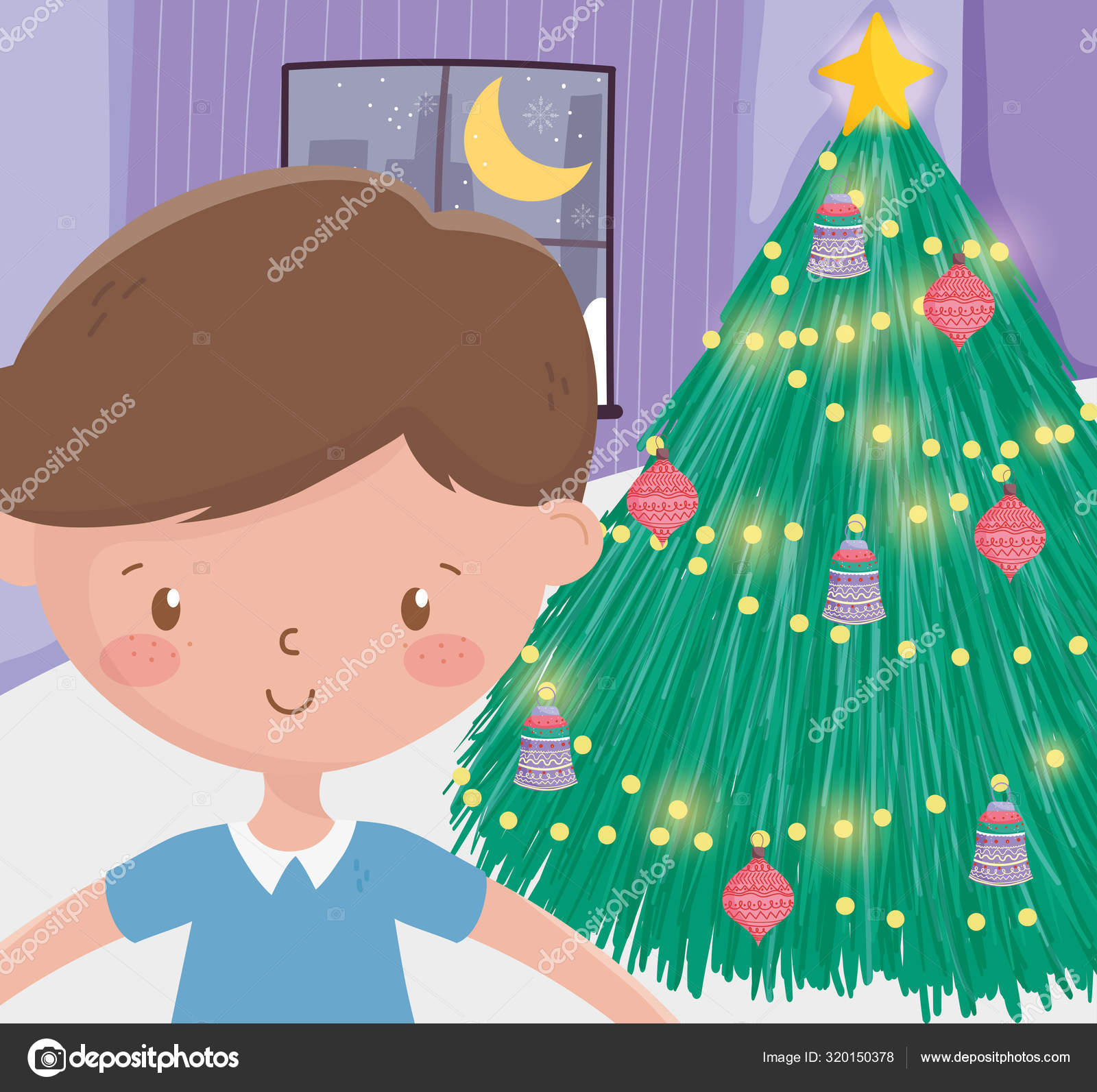 Merry Christmas Celebration Cute Boy Tree Bright Lights Balls Living Room Stock Vector C Stockgiu 320150378