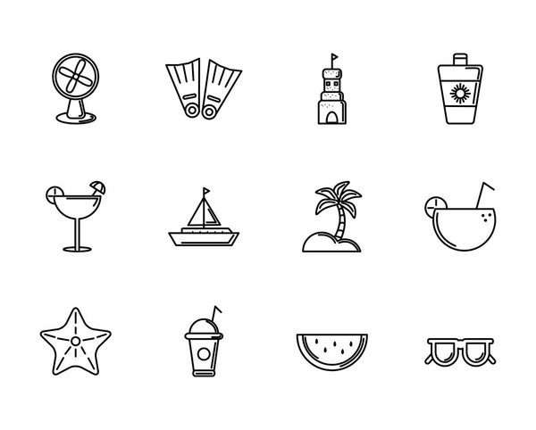 Turismo tiempo de viaje de verano iconos lineales conjunto — Vector de stock