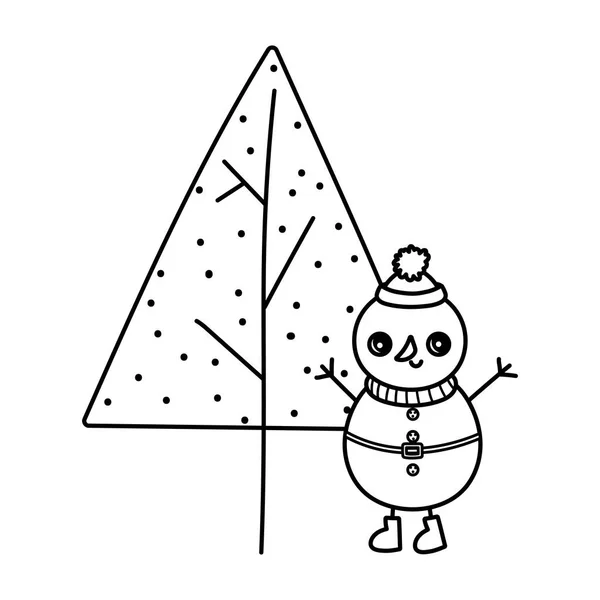Schneemann mit Hut Bäume Schnee frohe Weihnachten dicke Linie — Stockvektor
