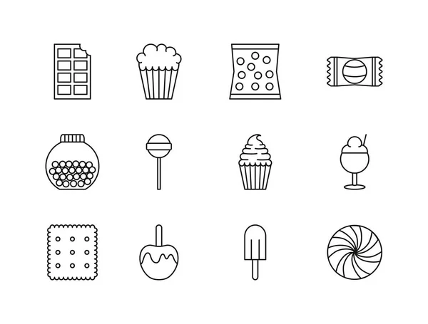 Édes desszert cukorka és sütemény ikonok beállított vonal — Stock Vector