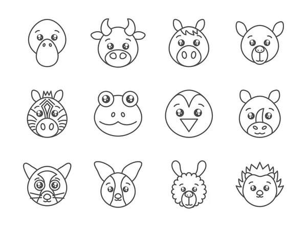 Cute animals head cartoon icons set line style — Stockový vektor