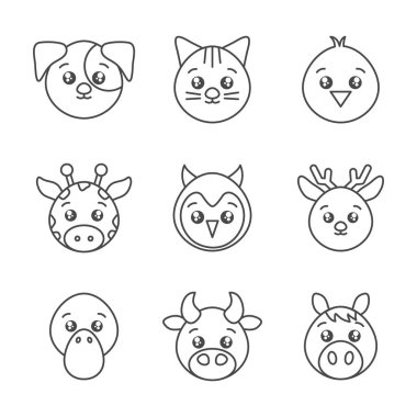 cute animals head cartoon icons set line style