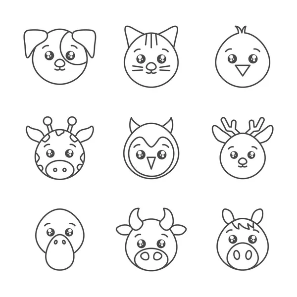 Cute animals head cartoon icons set line style — Stok Vektör