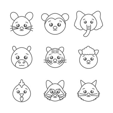 cute animals head cartoon icons set line style