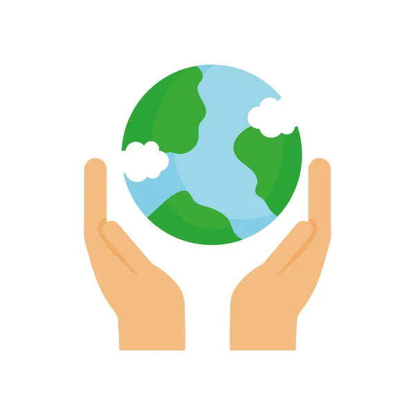 Écologie environnement renouvelable mains avec icône mondiale — Image vectorielle