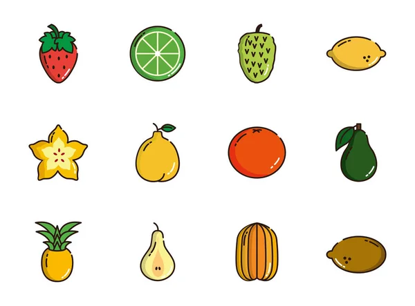 Ícones de frutas frescas da colheita nutricional definido — Vetor de Stock