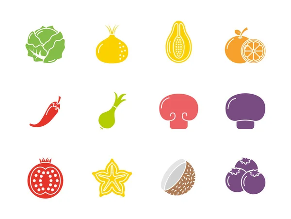 Fruits and vegetables fresh icons set flat design - Stok Vektor