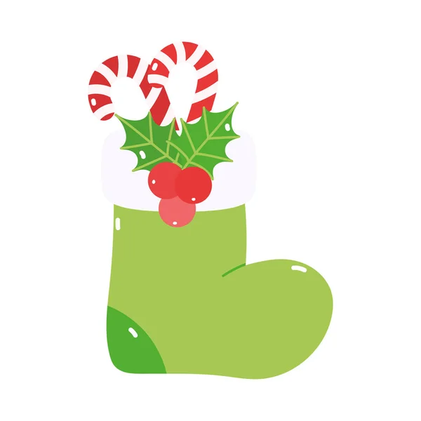 Merry christmas stocking candy canes mistletoe decoration icon — Stock Vector