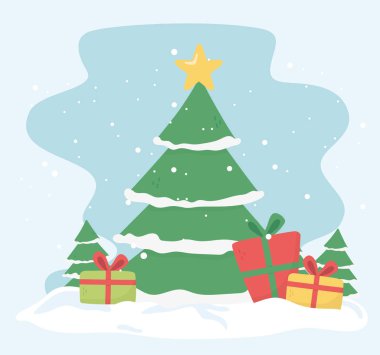 Yeni yıl 2020 Kutlama kartı ağacı Yıldız hediye kutuları ve kar ile