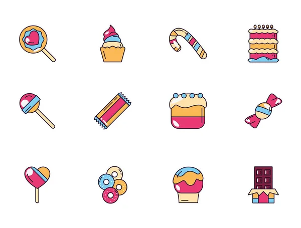 Dulces dulces dulces dulces dulces dulces dulces dulces y dulces iconos de pastelería conjunto. — Vector de stock