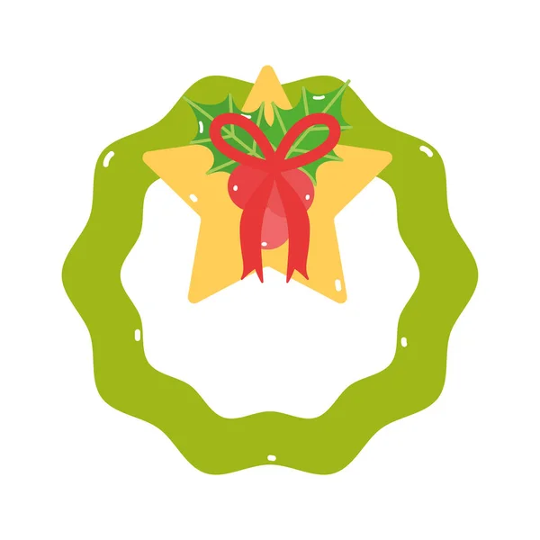 Merry christmas wreath star bow decoration icon. — Vector de stock