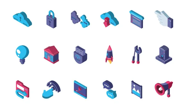 Data internet technology isometric icons set — Vetor de Stock